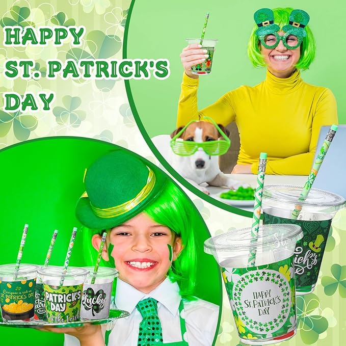 Pickmesh 180 Pcs St. Patrick's Day Party Favors Lucky Shamrock Stationery Set Pencils Erasers Stampers Sharpeners Cups for St Patricks Day Accessories Exchange Gifts Classroom Prizes Party Supplies