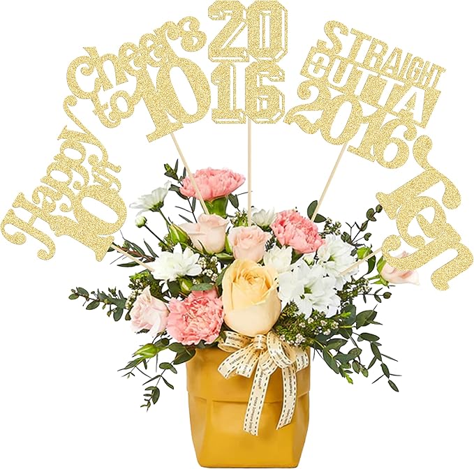 Gyufise 15Pcs Happy 10th Birthday Centerpiece Sticks Ten Straight Outta 2016 Table Flower Centerpieces Sticks Cheers to 10 Decorations for 10th Birthday Party Supplies Gold