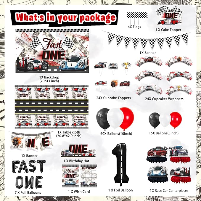 Mpanwen Fast One Birthday Decorations for Boys, 153 Pcs Race Car Birthday Party Supplies - Backdrop, Toppers, Cupcakes Wrappers, Tablecloth, Flags, Centerpiece, Highchair Nanner, Crown and Poster