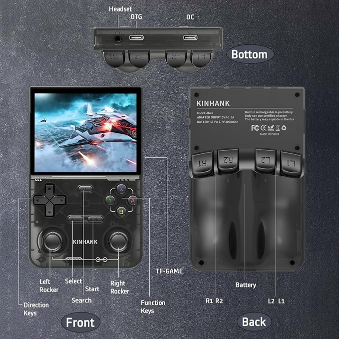 kinhank K36 Retro Handheld Game Console, Supports 9000+ Games, Equipped with 64G TF Card, Portable Mini Retro Video Games Console, 3.5-inch IPS Screen, 640x480 Resolution, 500nit (Black)