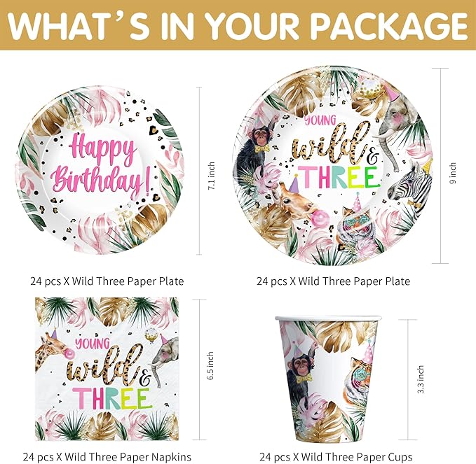 APOWBLS Young Wild And Three Decorations Girl Dinnerware, Safari 3rd Birthday Party Supplies, Plate, Cup, Napkin, Tablecloth, Cutlery, Straw, Animal Jungle 3 Year Old Birthday Decorations | Serves 24
