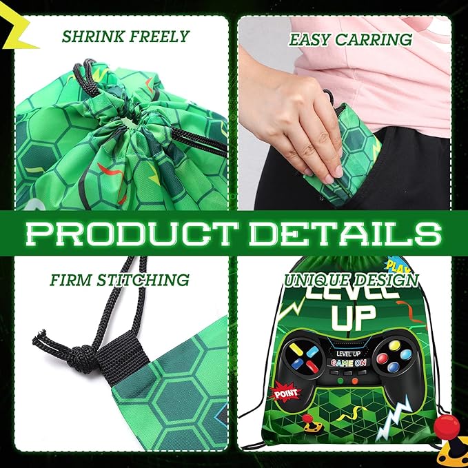 Eccliy 20 Pcs Video Game Party Favor Bags Gamer Birthday Party Drawstring Bags for Kids Boys Girls 12 x 10 Inch Gaming Goodie Treat for Game on Theme Decorations Supplies(Green,Fresh Style)
