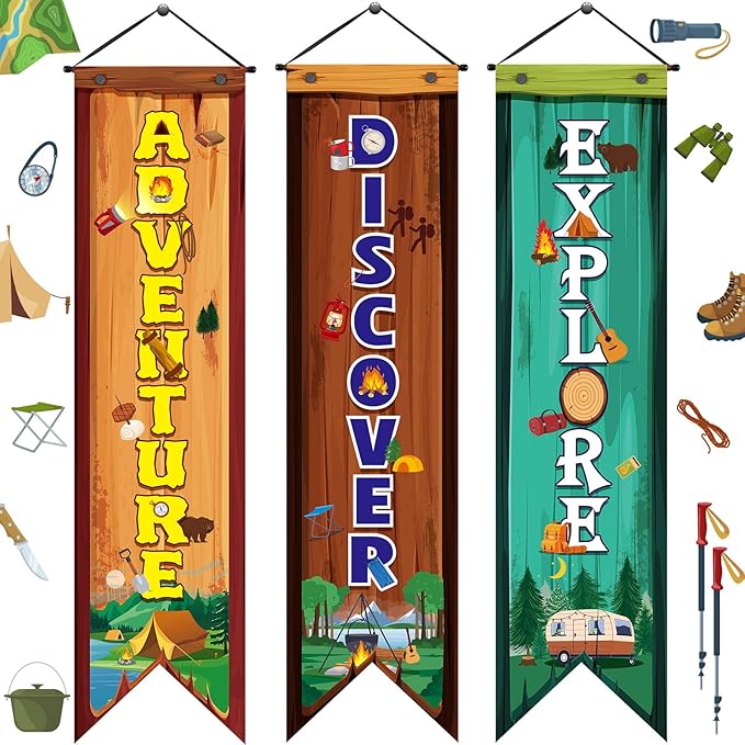3 Pcs Camping Banners Party Decorations Camping Porch Sign Camper Adventure Door Banners Wall Decor for Camper Adventure Theme Birthday Celebrating Baby Shower Classroom Decorations