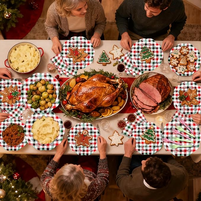 96 Pieces Christmas Plaid Tableware Set – Red and Green Checkered Disposable Plates, Napkins, and Forks with Snowflake Design for Holiday Parties, Winter Birthdays, and Seasonal Events