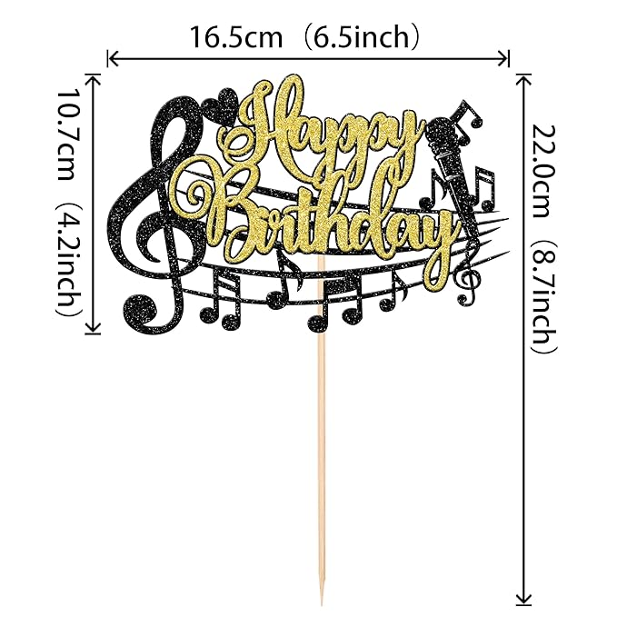1 PCS Music Happy Birthday Cake Topper Black Gold Glitter Musical Symbol Note Microphone Music Lover Birthday Cake Pick for Concert Singer Theme Party Cake Decoration Supplies
