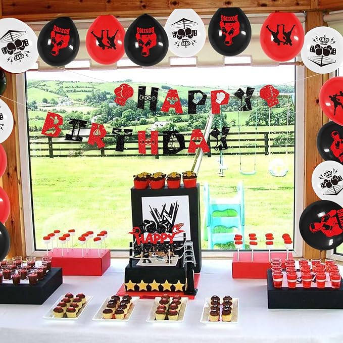 KEFAN Boxing Birthday Party Decorations, Boxing Birthday Banner Cake Topper Balloons, Fight Sports Wrestling Party Supplies Boxer Boxing Match Theme Party Supplies