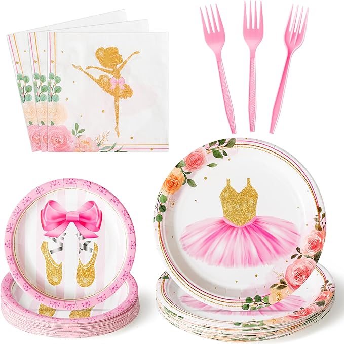 96Pcs Ballerina Ballet Dancing Girl Party Plates Supplies Tableware Decorations Disposable Paper Plates Napkins Forks for Kids Birthday Baby Shower, Serves 24