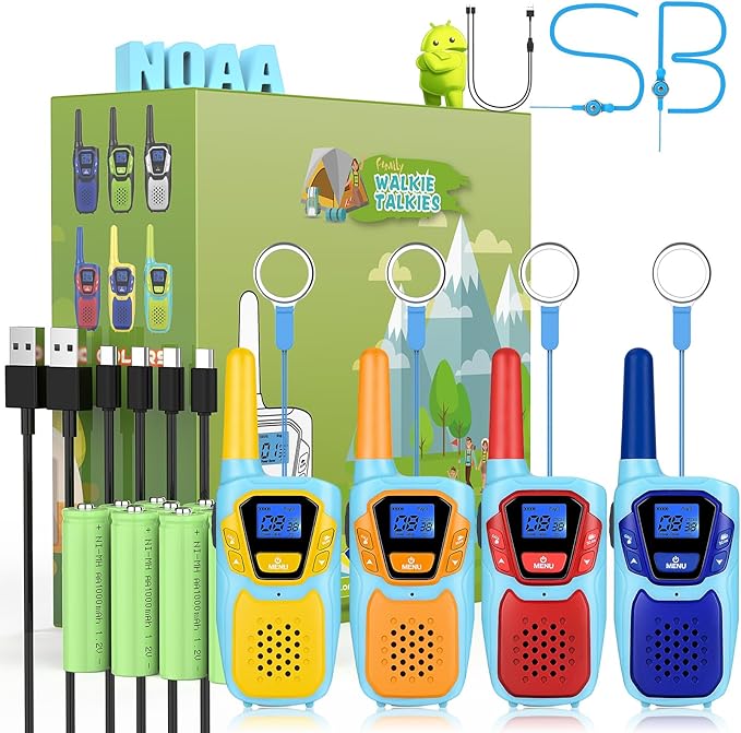 Walkie Talkies for Kids Long Range Walkie-Talkie for Adults Rechargeable 4 Pack with Lanyard NOAA USB, Family Pink 2 Way Radio Toys for 3-12 Year Old Boys Girls Toddlers Camping Skiing