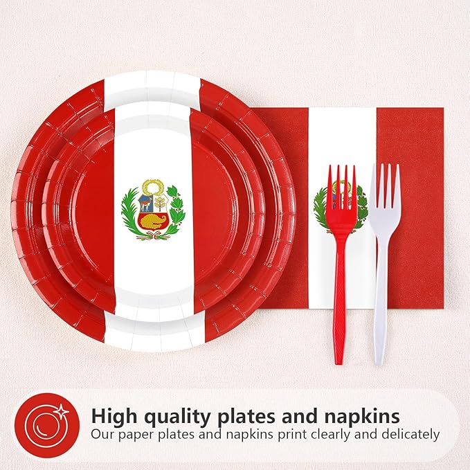 96Pcs Peru Flag Party Supplies Peruvian National Day Plates and Napkins Peru Red and White Tableware Set for Peruvian National Sports Events Patriotic Festival Party Decorations，Serves 24