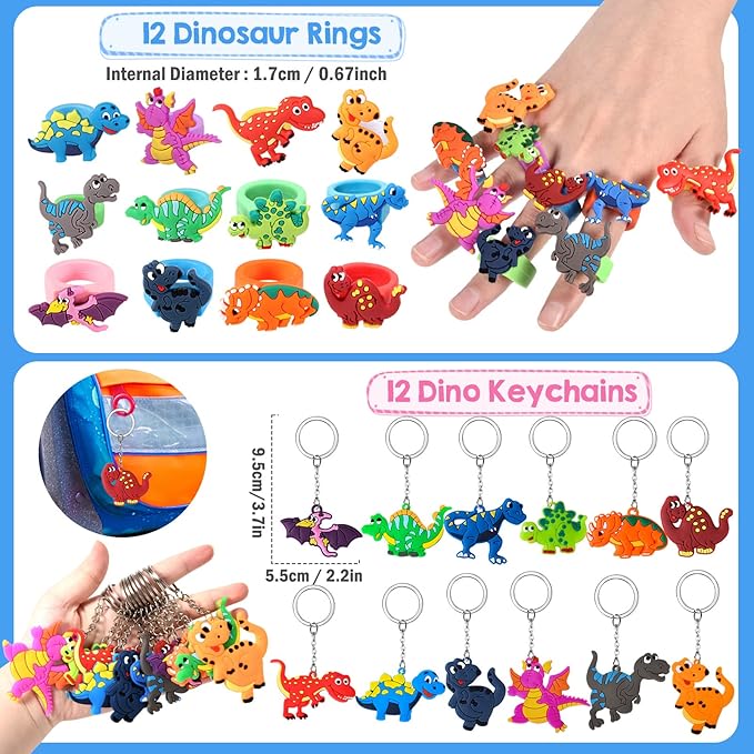 Winrayk 132Pcs Dinosaur Party Favors Dino Birthday Supplies Kids, Mini Dinosaur Figure Bracelet Stamper Glow Sticker Keychain Ring Cartoon Sticker, Pinata Filler Goodie Bag Stuffer Dino Party Favors