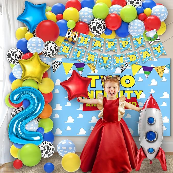Two Infinity and Beyond Birthday Decorations - 105 Pcs Toy Inspired Story 2nd Birthday Party Supplies Include Banner, Balloons, Backdrop Film, Balloon Cake Topper, Tablecloth