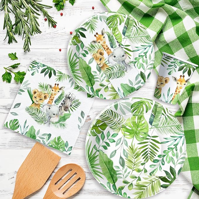 Safari Jungle Theme Party Supplies For Boys - Jungle Birthday Baby Shower Decorations Tableware Include 9" Plates, 7" Plate, Cups, Napkins, Safari Party Decorations | Serve 48