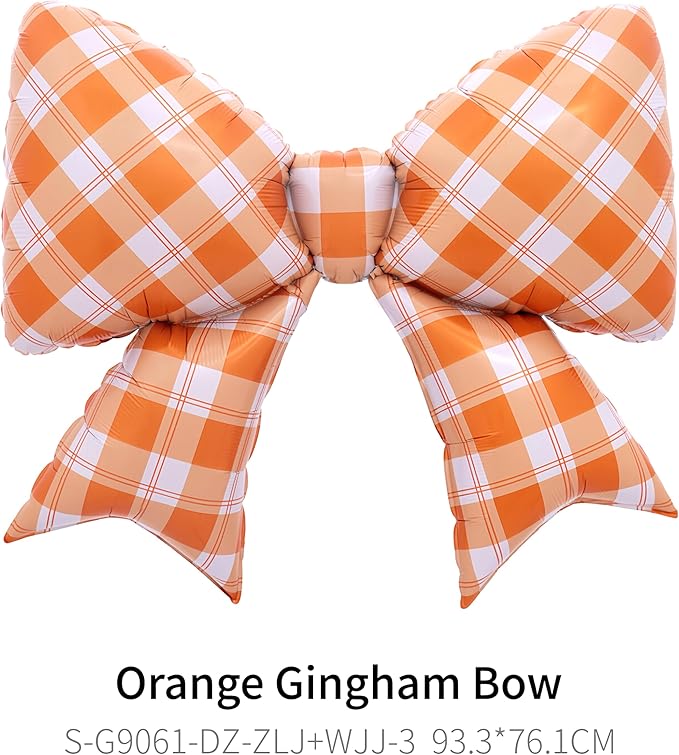 4Pcs Orange White Gingham Bow Balloons for The Life of A Showgirl Party/Tay*lor Sunset Coastal Birthday, Glam Showgirl Era Decor/Picnic Outdoor BBQ, Racing Party, Checkered Foil Bows