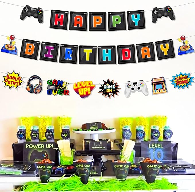 Pre-Strung Video Game Birthday Decorations, NO DIY Gaming Happy Birthday Banner, Game Signs Gamer Themed Party Supplies