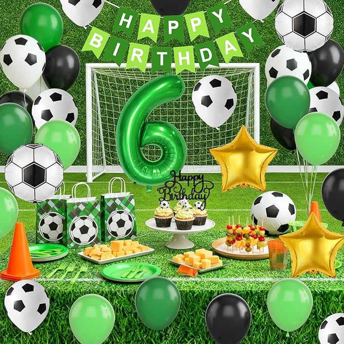 Soccer Birthday Party Decorations for Boys, 6th Soccer Party Decoration with Green Black White Balloons 'HAPPY BIRTHDAY' Banner Cake Toppers 32in Foil 6 Balloon for Boys Men Birthday Decor