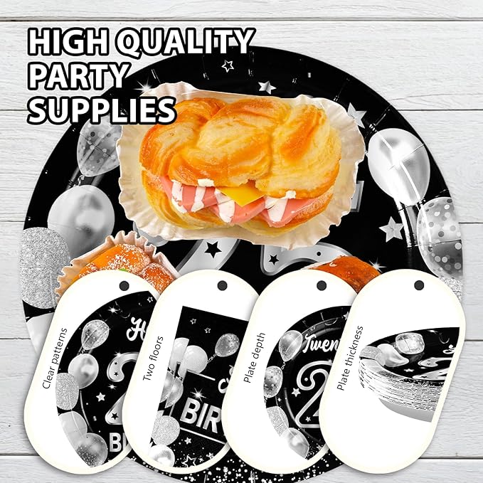 Grencian 96Pcs 25th Birthday Decorations for Men Women Black Silver 25th Birthday Party Plates Disposable Paper Tableware Set for Women Men Happy 25 Year Old Party Supplies, Serves 24