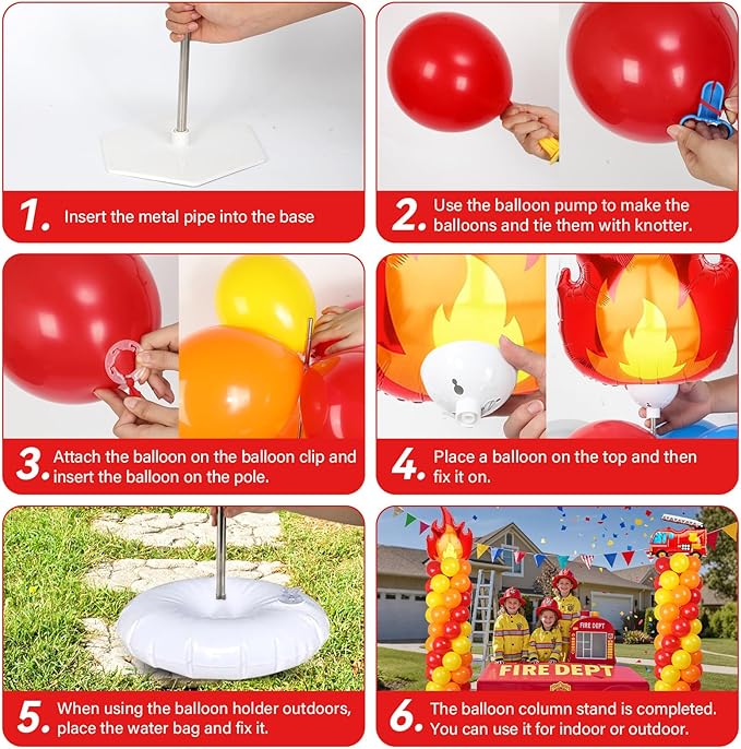 2 Sets Fire Party Balloon Column Stand Kit With 102 Fire Truck Foil Balloons 5.57Ft Adjustable Balloon Tower Stand With Base Adjustable Arch Column for Firefighter Rescue Birthday Party Supplies