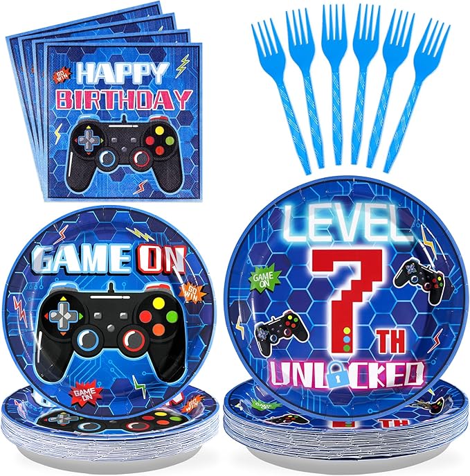 96Pcs 7th Video Game Birthday Party Decorations Blue Video Game Level Birthday Plates and Napkins Tableware Sets for Boys 7 Years Old Gamer Gaming Party Serves 24