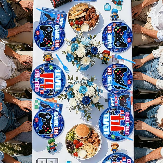 96 Pcs 14th Video Game Birthday Party Decorations Blue Video Game Level 14 Birthday Plates and Napkins Tableware Sets for Kids Boys 14 Years Old Gamer Gaming Party Supplies Favors Serves 24