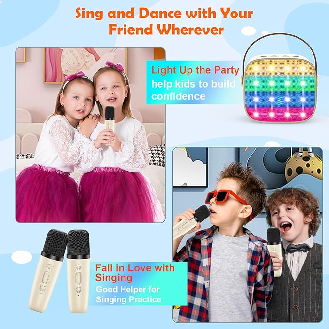 Bluetooth Karaoke Machine Toy for Kids- Mini Karaoke with 2 Wireless Microphone, Voice Changer & LED Lights, Portable Karaoke Mic for 3-8 Year Old Girls, Great for Birthday Home Party