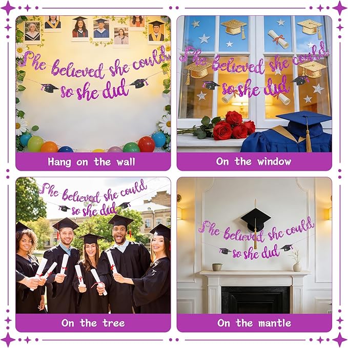 She Believed She Could So She Did Banner - Pre-Strung Glitter Graduation Decorations 2026 for Women Girls, Inspirational Grad Party Supplies, Class of 2026 College High School Masters PhD Decor (Purple)