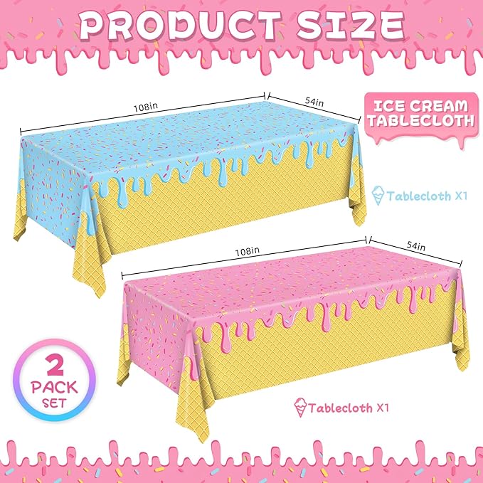 REDWORD Ice Cream Party Supplies, 2PCs Ice Cream Tablecloths Plastic Tablecloth Ideal Table Cover for Icecream Birthday Decoration Summer Themed Parties Girls’ Parties