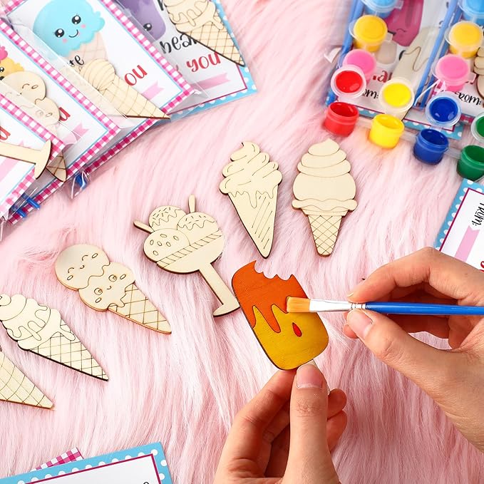 Leinuosen 28 Sets Ice Cream Party Favors Wood Painting Craft DIY Kits with Art Supplies and Inspirational Cards for Summer Birthday Party Valentines Day Prizes Exchange