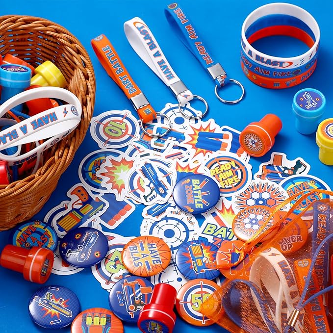 Honoson 110 Pcs Dart Battle Party Favors Supplies Battle Theme Stickers Temporary Tattoos Silicone Bracelets Keychains Badge Stamps with Organza Bags for Birthday Gifts Baby Shower Goodie Bag Fillers