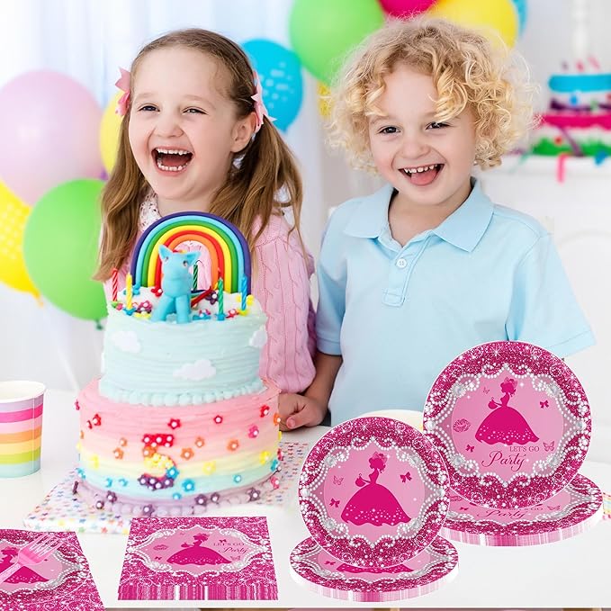 96Pcs Let's Go Party Plates & Napkins, Princess Birthday Party Tableware Set, Pink Disposable Plates, Forks, Bachelorette Girl Napkins for 24 Guests