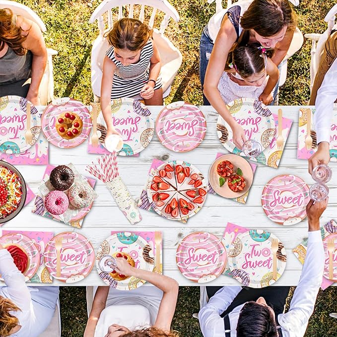 Two Sweet Donut Birthday Party Decorations, 120Pcs Donut Themed 2nd Birthday Donut Party Supplies Disposable and Delightful Tableware Includes Paper Plates, Napkins, Cups and Straws | Serves 24