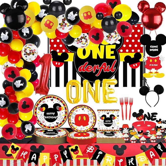 185 Pcs Red 1st Birthday Party Decorations, Boys Onederful Balloons Arch Garland Kit, Red Cartoon Boys Onederful Backdrop, TableCloth, Tableware for Boy First Birtdhay Party Supplies