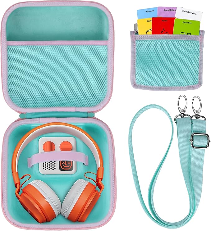 Storage Case Compatible with YOTO Mini + Headphones Kids Audio Player Travel Device Stories Music Podcast Radio Speaker (Teal + Pink Zipper)