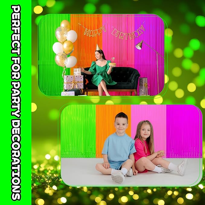 4 Pack Glow in The Dark Curtains Party Supplies 6.6 x 3.3 Ft Glow Tinsel Foil Fringe Curtains Colorful Photo Booth Prop Backdrop Streamer for Birthday Holiday Neon Party Decorations