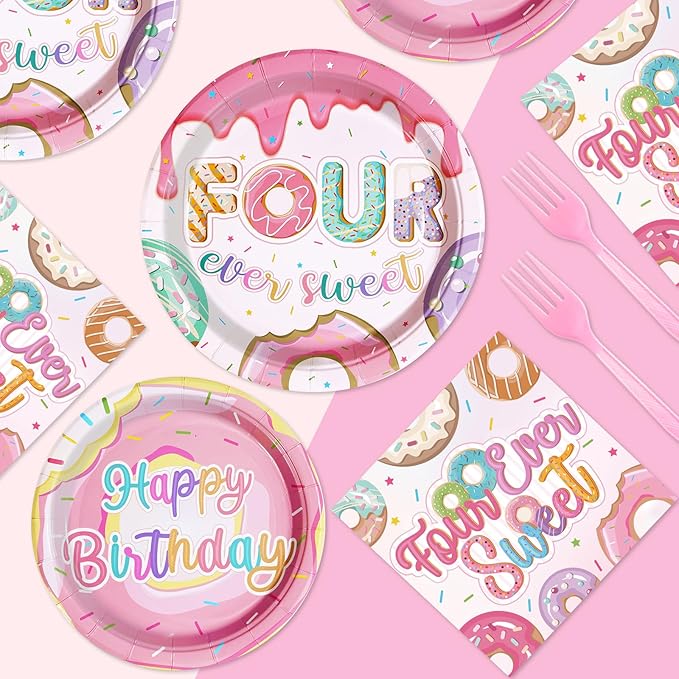 Grencian 96 Pcs Four Ever Sweet Donut Birthday Decorations Girl 4th Donut Themed Plates and Napkins Forks Disposable Tableware Set for Kids Girl 4 Year Old Birthday Party Supplies Favors Serves 24