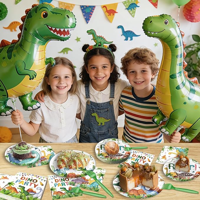 96 Pcs Dinosaur Plates and Napkins Tableware Set (Serves 24), Dinosaur Birthday Party Supplies Include Plates Napkins Plastic Forks for Kids Party Decorations