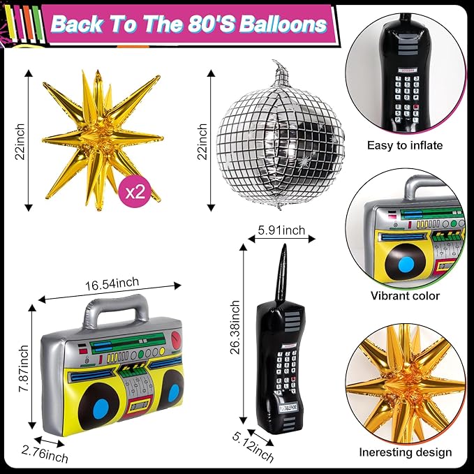 80s Party Decorations, 80s 90s Theme Birthday Party Supplies Includes Inflatable Radio Boombox & Mobile Phone, Back To The 80's Backdrop, Tablecloth, Plates, Napkins, Hip-Hop Cake Toppers