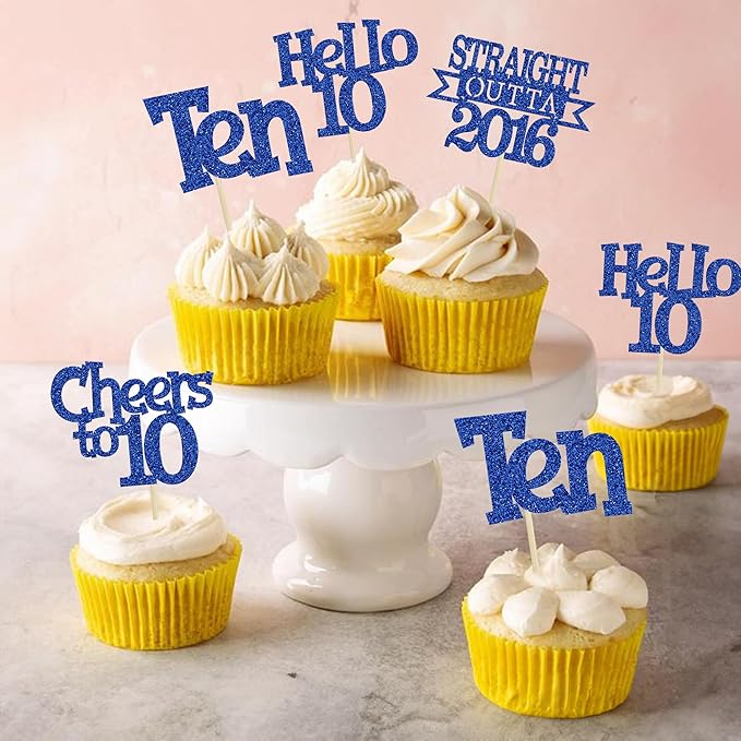 Ephlyn 24Pcs Happy 10th Birthday Cupcake Toppers Glitter Ten Cupcake Picks Hello 10 Cheers to 10 Years Cake Decorations for 10th Birthday Anniversary Party Decorations Supplies Blue