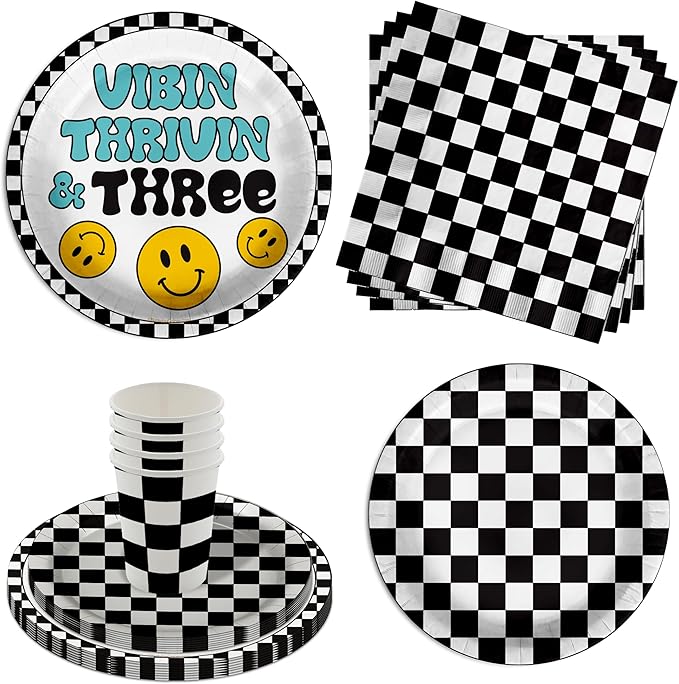 Vibin Thrivin' and Three Smiley Face 3rd Birthday Party Supplies - 64 Piece Boys Third Birthday Tableware Set Includes Large 9" Dinner Plates and 8" Dessert Paper Plates Napkins Cups - Kit for 16
