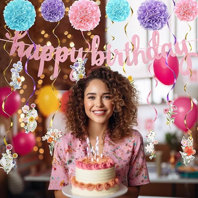 28 Pcs Wildflower Birthday Party Decorations Floral Hanging Swirls Glitter Birthday Banner Honeycomb Balls for Women Flower Themed Birthday Baby Shower Wedding Party Supplies