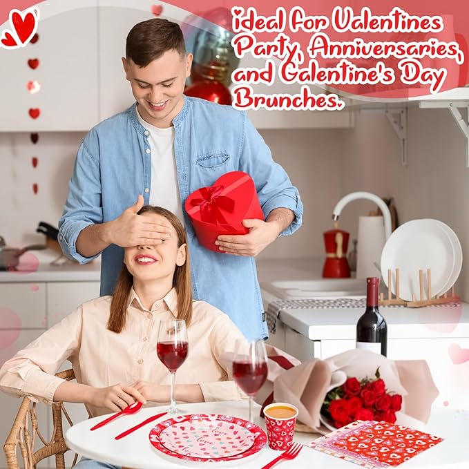 450 Pcs Valentines Tableware Set Decorations, Heart Love Design Paper Plates Napkins Cups Cutlery Straws for Kids Classroom Valentine's Day Galentines Day Party Supplies, Serves 50