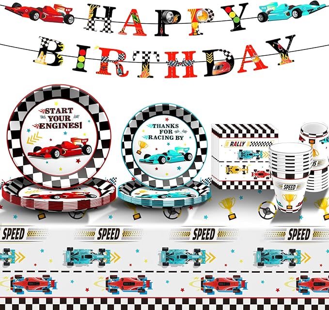 Race Car Birthday Party Decorations Supplies Set Includes Plates Napkins Cups Banner and Tablecloth for Race Car Party Decorations, Serve 24