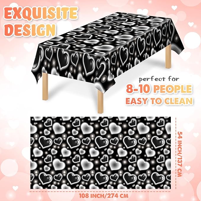 Tudomro 3 Pack 2000s Tablecloth Decoration 54 x 108 Inches Cholo Party Table Cover Y2k Party Decoration Heart Disposable Kpop Table Cloth for Birthday Supplies(Black)