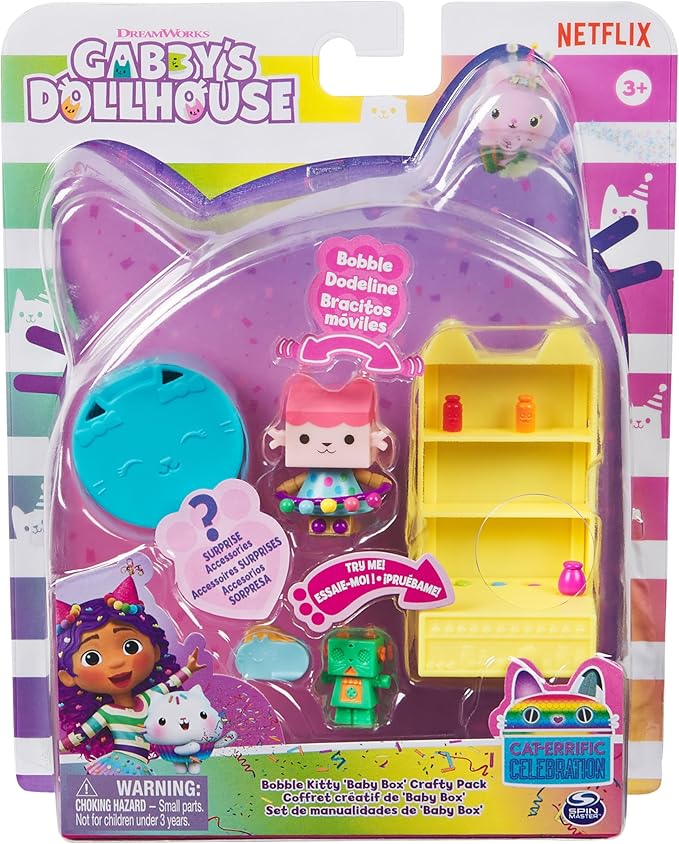 DreamWorks GABBY'S Dollhouse, Celebration Series Baby Box Cat Bobble Figure with Dollhouse Furniture and Accessories, Kids Toys for Girls & Boys Ages 3 and Up