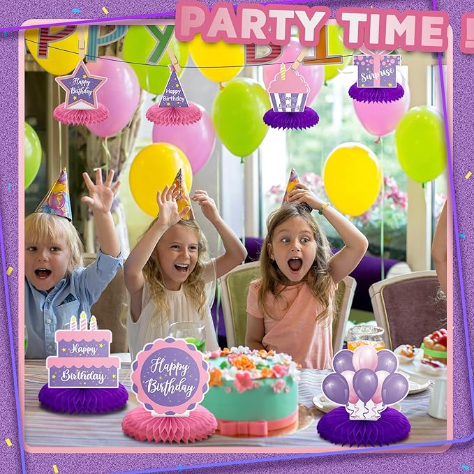 Yexiya 8 Pcs Pink and Purple Birthday Centerpiece Table Decoration, Happy Birthday Honeycomb Centerpieces Honeycomb Table Toppers for Men Women Party Supplies