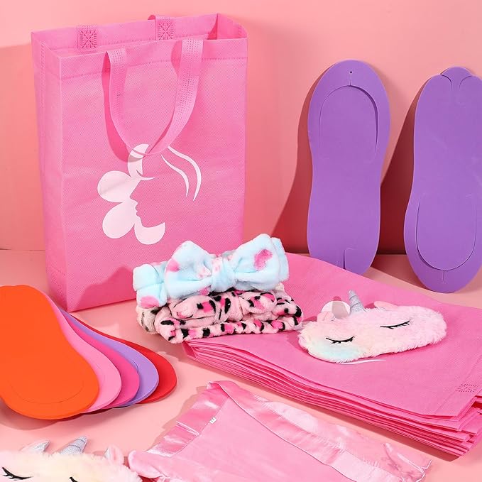 Bonuci 50 Pcs Spa Party Supplies for Girls, 10 Satin Robe 10 Kids Slippers Sleepover Birthday Spa Party Favors