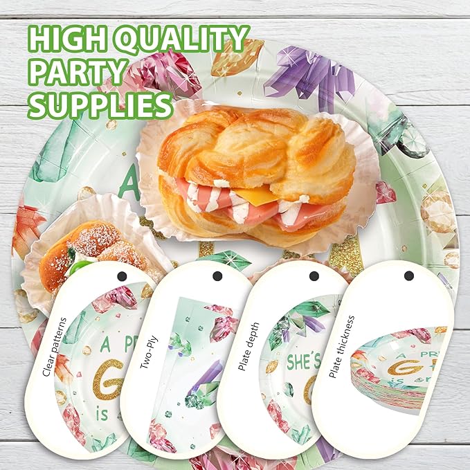 96Pcs Gem Stone Baby Shower Party Supplies She is a Gem Plates and Napkins Green Crystal Jewel Tableware Sets Glitter Jewel Geology Themed Decor for Baby Shower Newborn Girl Birthday Party Serve 24