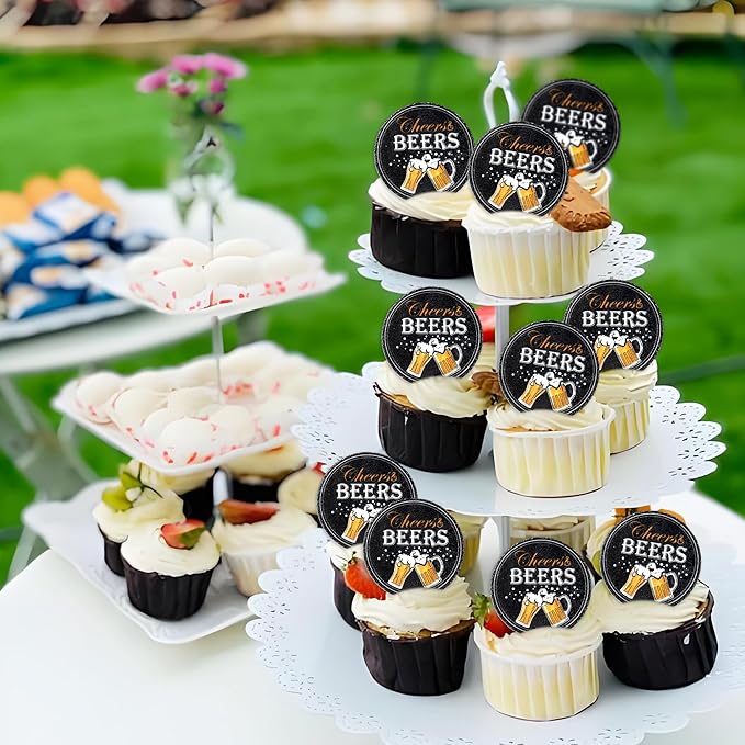 Ercadio 40 PCS Edible Beer Party Cupcake Toppers Cheers and Beers Happy Birthday Party Decorations for Father's Day Whiskey Beer Cake Drink Topper Favor for Summer Family Party Decor Supplies