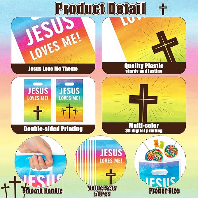 Jesus Loves Me Party Favor Bag - 50Pcs Rainbow Religious Christian Goodie Candy Treat Gift Bags Christian Cross Party Supplies for Valentine's Day Sunday School VBS Church Bible Verse Easter Birthday