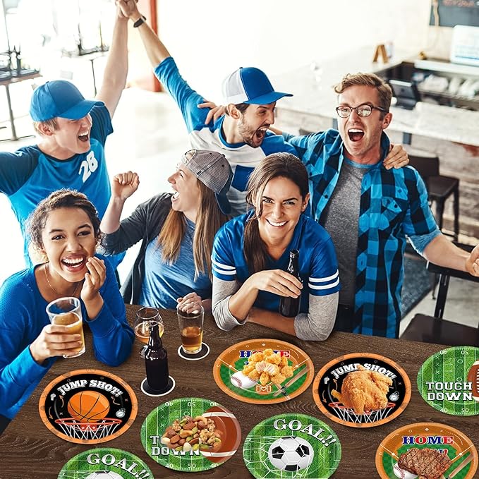 CHUNNIN 48Pcs Sports Birthday Party Paper Plates Sports Themed Party Supplies 7" Football Basketball Soccer Baseball Birthday Disposable Plates for Kids court Baby Shower Decorations