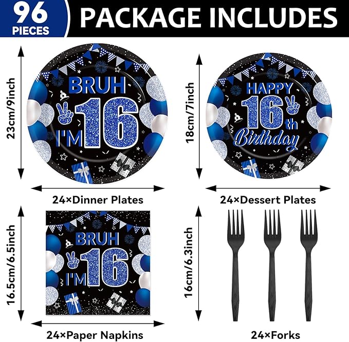 96PCS 16th Birthday Party Paper Plates and Napkins and Forks Set for Blue and Silver Bruh I'm 16 Years Old Party Paper Plates Disposable Decor Happy 16th Parties Set for Teens Birthday Decorations